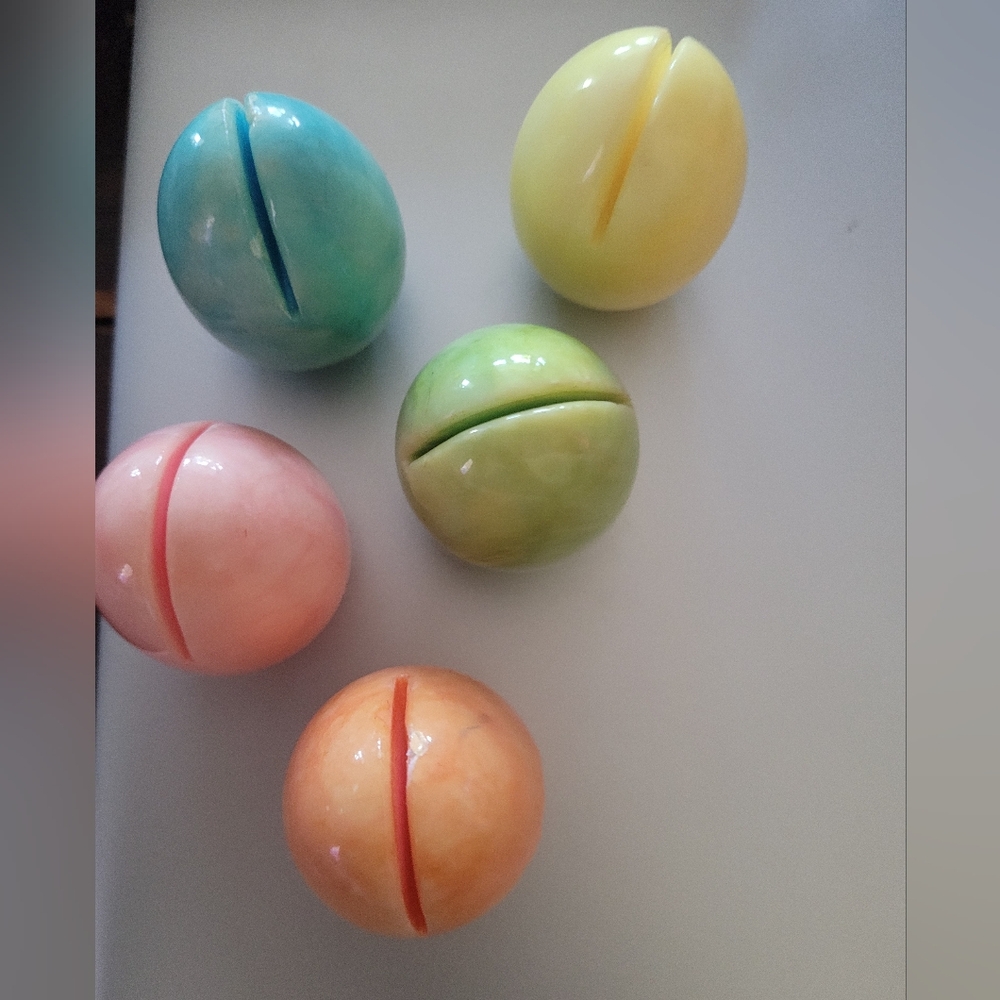 5 Dusseschi Italy Hand Carved Stone Alabaster Eggs with card slot Vintage